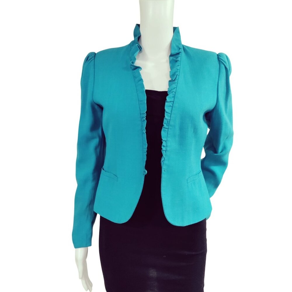 Cassidy Puff Sleeve Ruffle Twee Vintage 80s Tweed Office Blazer Turquoise US 8